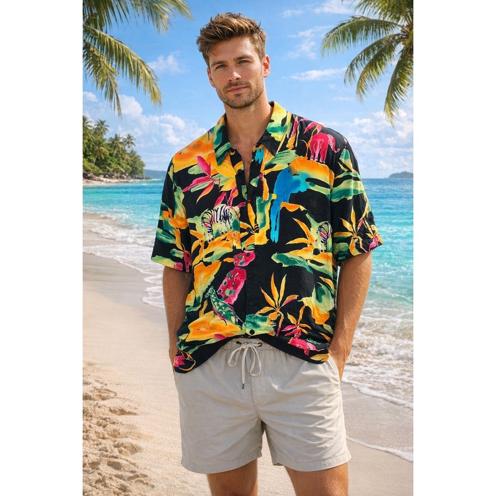 Vintage ALAN STUART Men's XL Safari Print Rayon Short Sleeve Shirt -3138